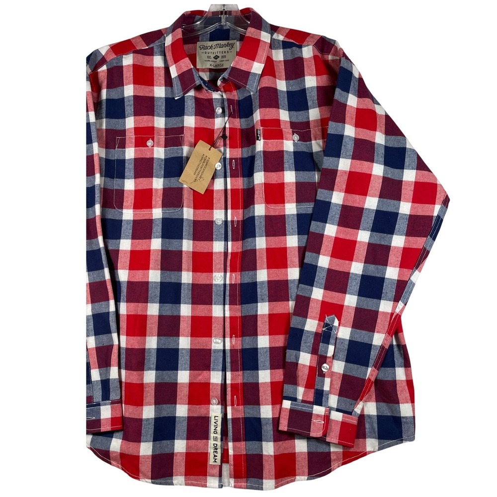 Rock Monkey Outfitters Mens XL Flannel Shirt Red White Blue Plaid Cotton NWT